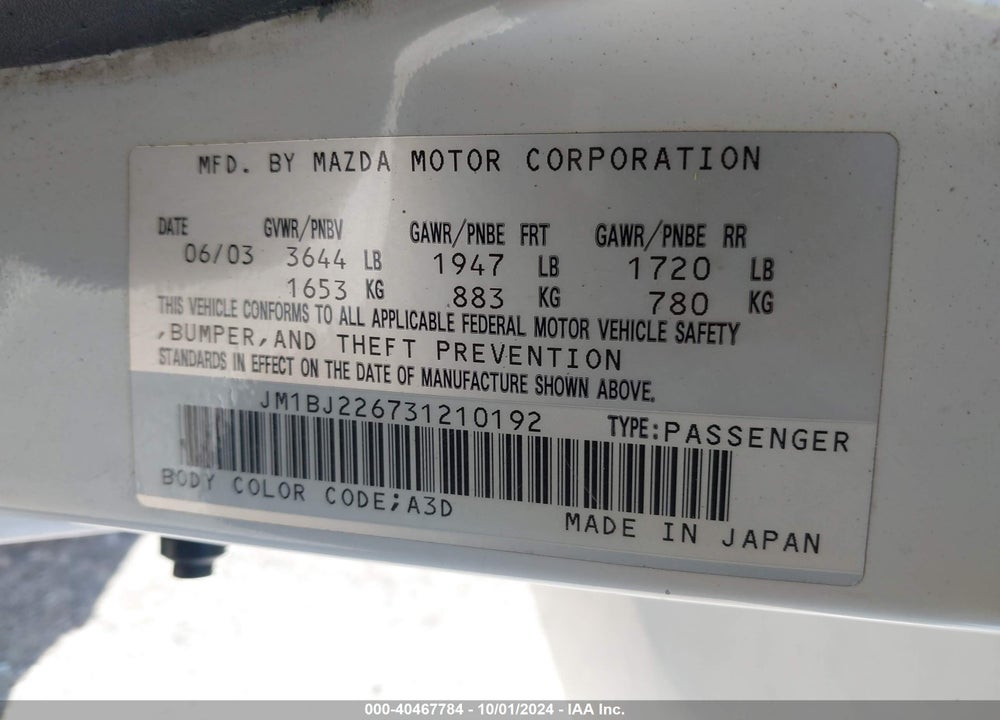 2003 MAZDA PROTEGE VIN: JM1BJ226731210192