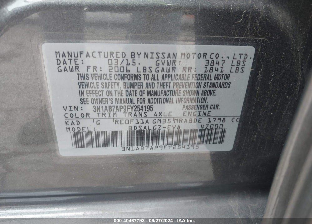 2015 NISSAN SENTRA SL VIN: 3N1AB7AP9FY254195