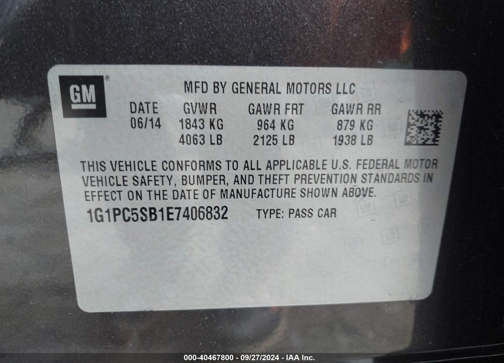 2014 CHEVROLET CRUZE 1LT AUTO VIN: 1G1PC5SB1E7406832