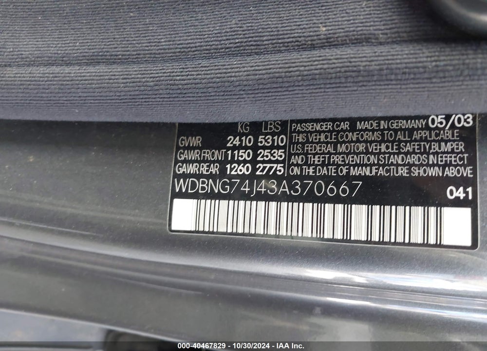 2003 MERCEDES-BENZ S 55 AMG VIN: WDBNG74J43A370667