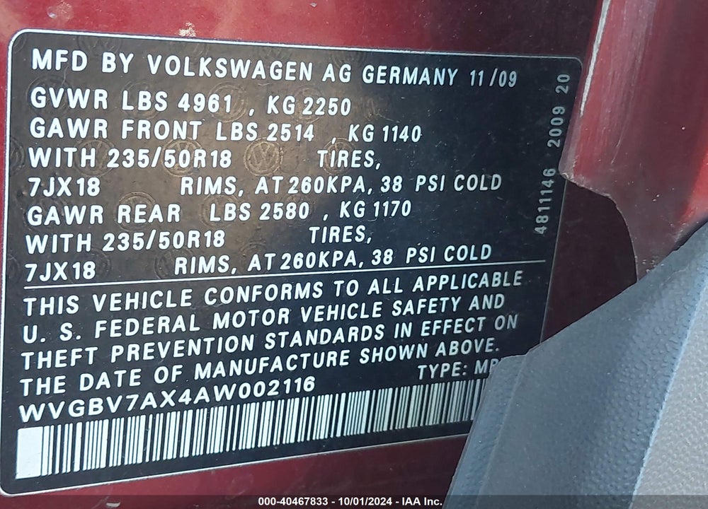 2010 VOLKSWAGEN TIGUAN SEL VIN: WVGBV7AX4AW002116