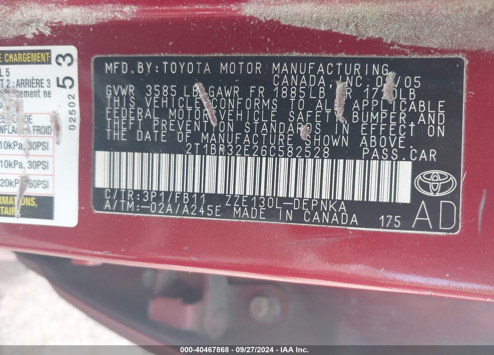 2006 TOYOTA COROLLA LE VIN: 2T1BR32E26C582528