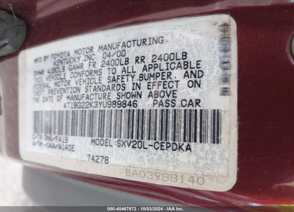 2000 TOYOTA CAMRY CE VIN: 4T1BG22K3YU989846