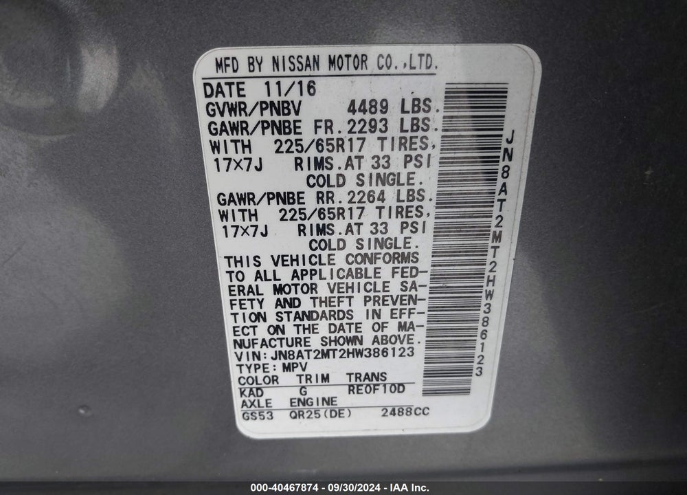 2017 NISSAN ROGUE SV VIN: JN8AT2MT2HW386123