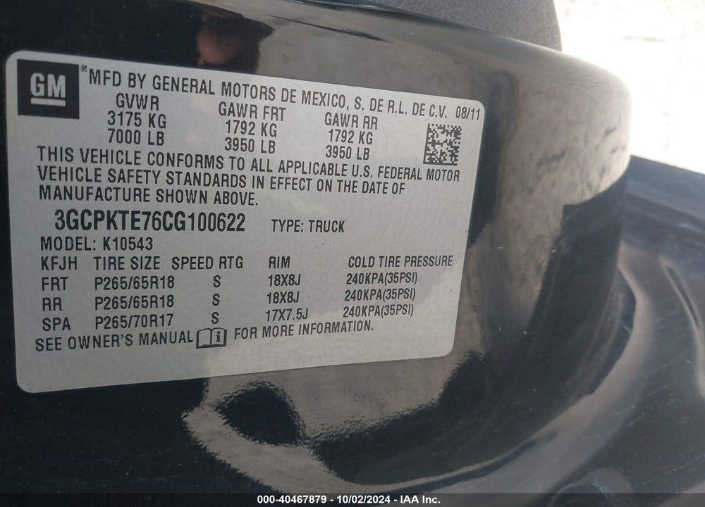 2012 CHEVROLET SILVERADO 1500 LTZ VIN: 3GCPKTE76CG100622