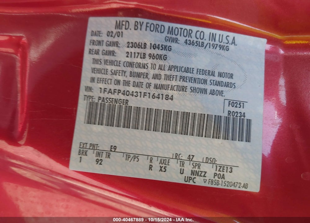 2001 FORD MUSTANG VIN: 1FAFP40431F164184