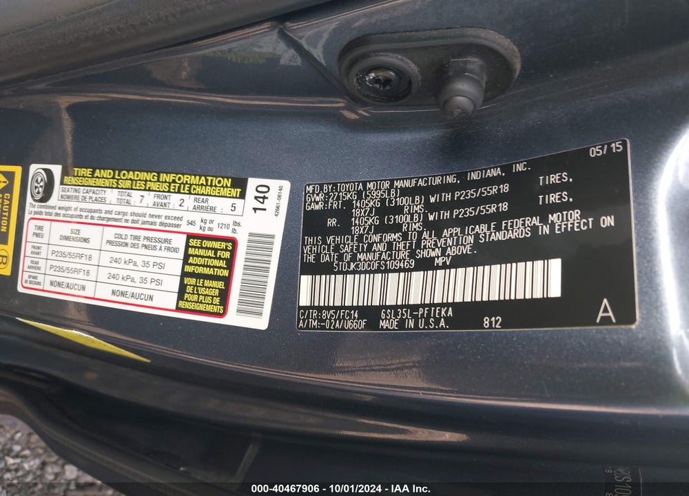 2015 TOYOTA SIENNA LE 7 PASSENGER VIN: 5TDJK3DC0FS109469
