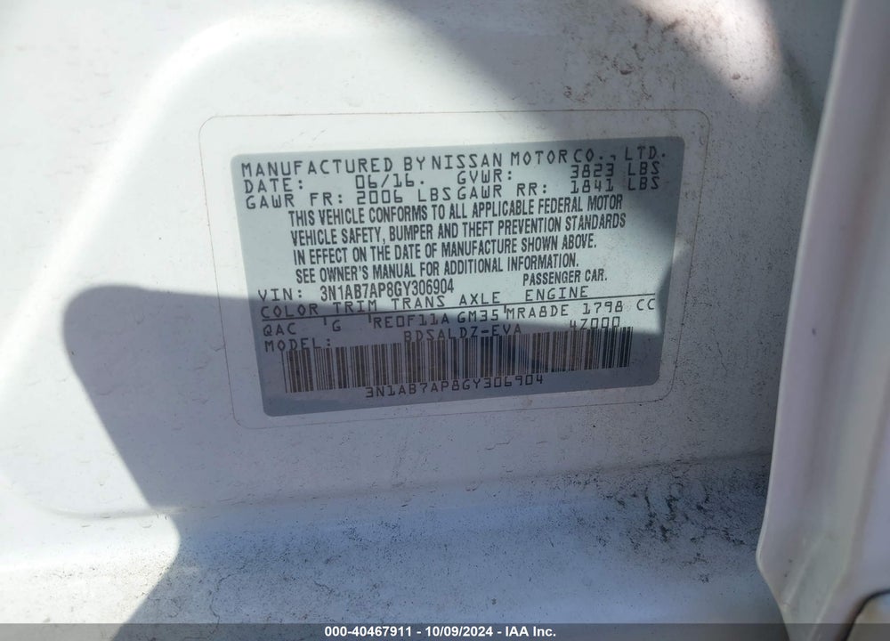 2016 NISSAN SENTRA SV VIN: 3N1AB7AP8GY306904