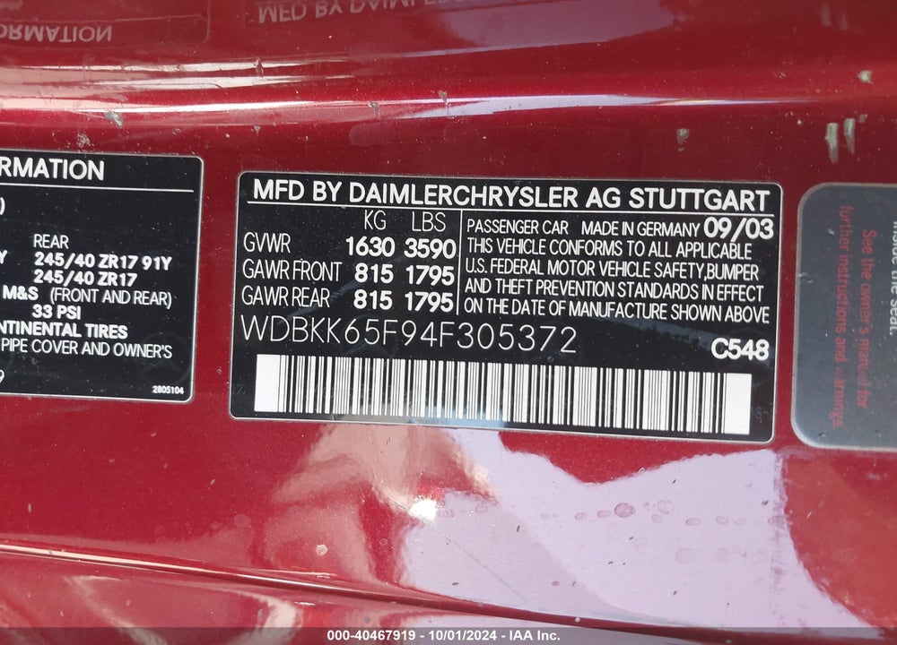 2004 MERCEDES-BENZ SLK 320 VIN: WDBKK65F94F305372