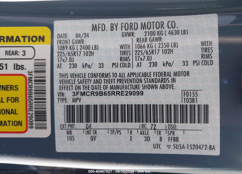 2024 FORD BRONCO SPORT BIG BEND VIN: 3FMCR9B65RRE29099