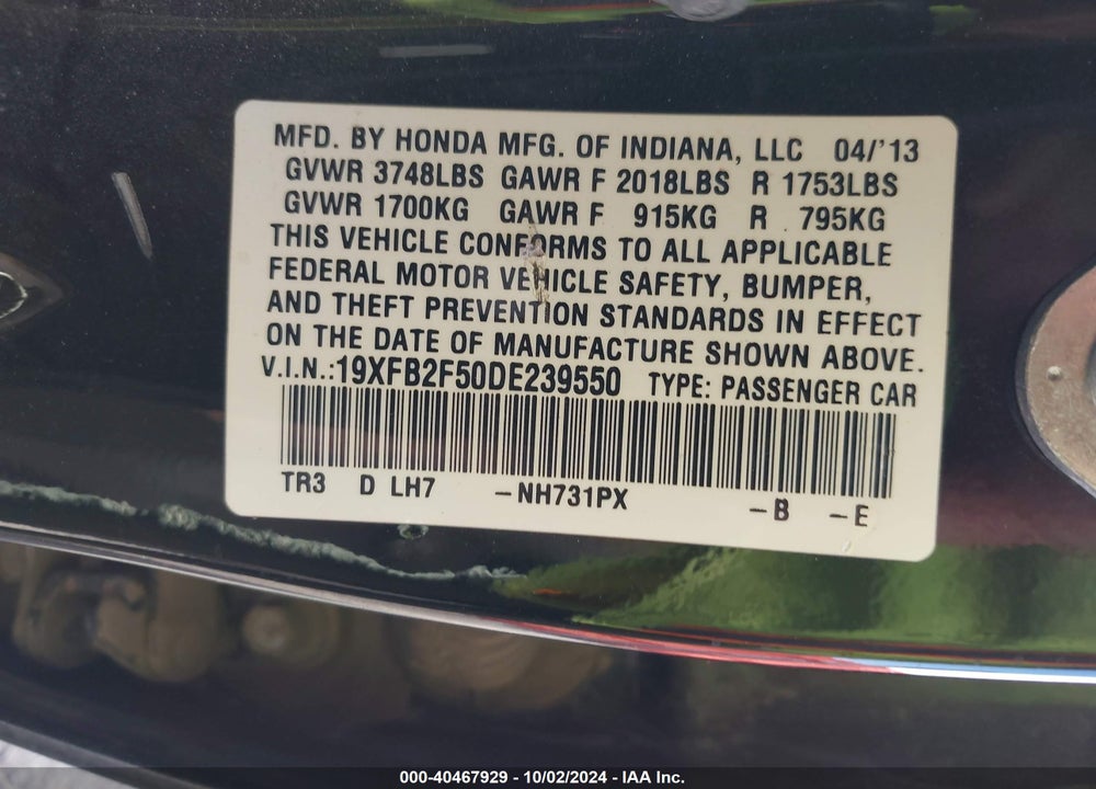 2013 HONDA CIVIC LX VIN: 19XFB2F50DE239550