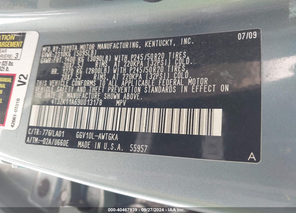 2009 TOYOTA VENZA BASE V6 VIN: 4T3ZK11A69U013178