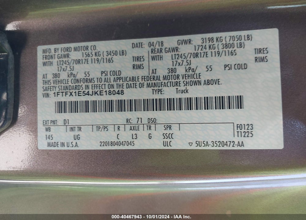 2018 FORD F-150 XLT VIN: 1FTFX1E54JKE18048