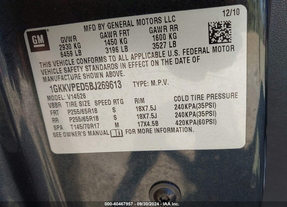 2011 GMC ACADIA SLE VIN: 1GKKVPED5BJ269613