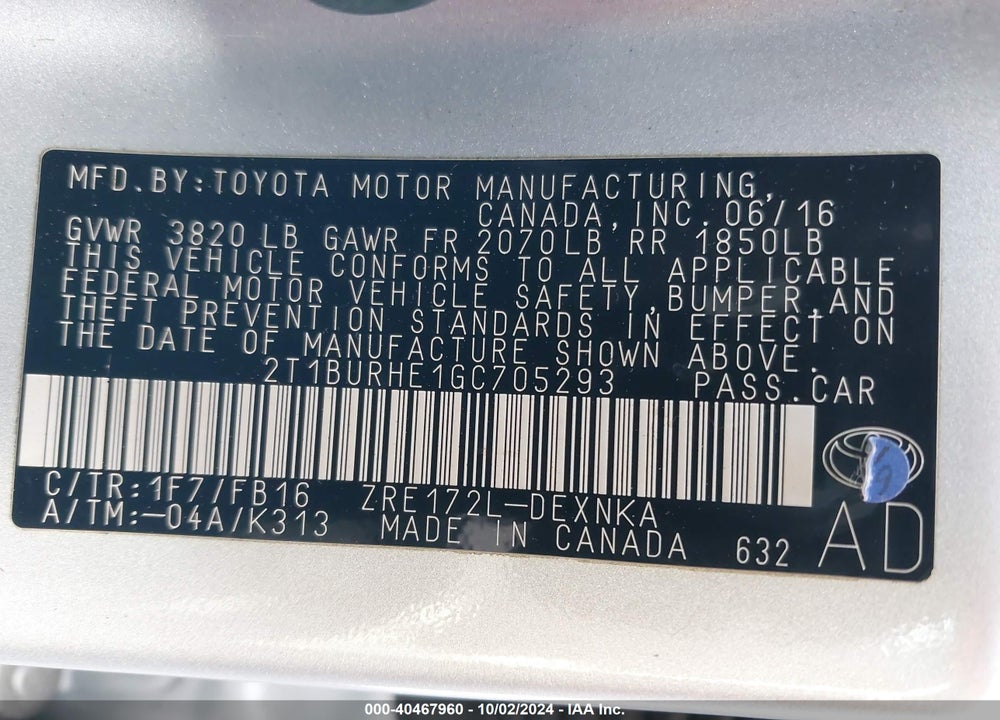 2016 TOYOTA COROLLA LE VIN: 2T1BURHE1GC705293