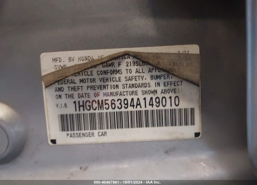 2004 HONDA ACCORD 2.4 LX VIN: 1HGCM56394A149010