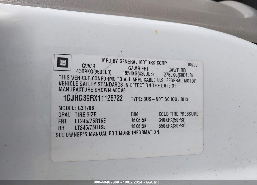 2001 GMC SAVANA STANDARD VIN: 1GJHG39RX11128722