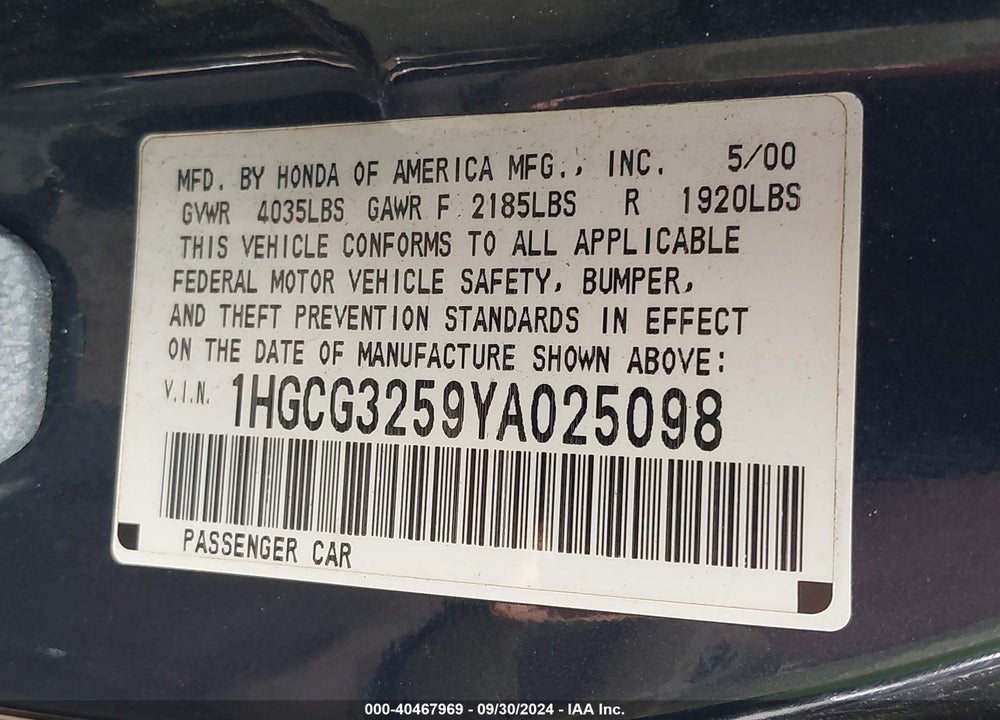 2000 HONDA ACCORD 2.3 EX VIN: 1HGCG3259YA025098