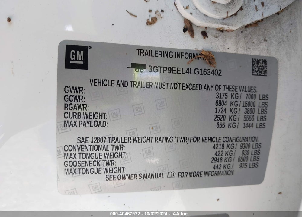 2020 GMC SIERRA 1500 4WD SHORT BOX AT4 VIN: 3GTP9EEL4LG163402