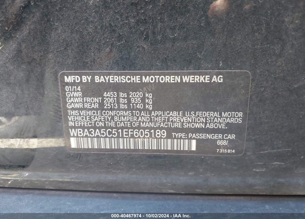 2014 BMW 328I VIN: WBA3A5C51EF605189