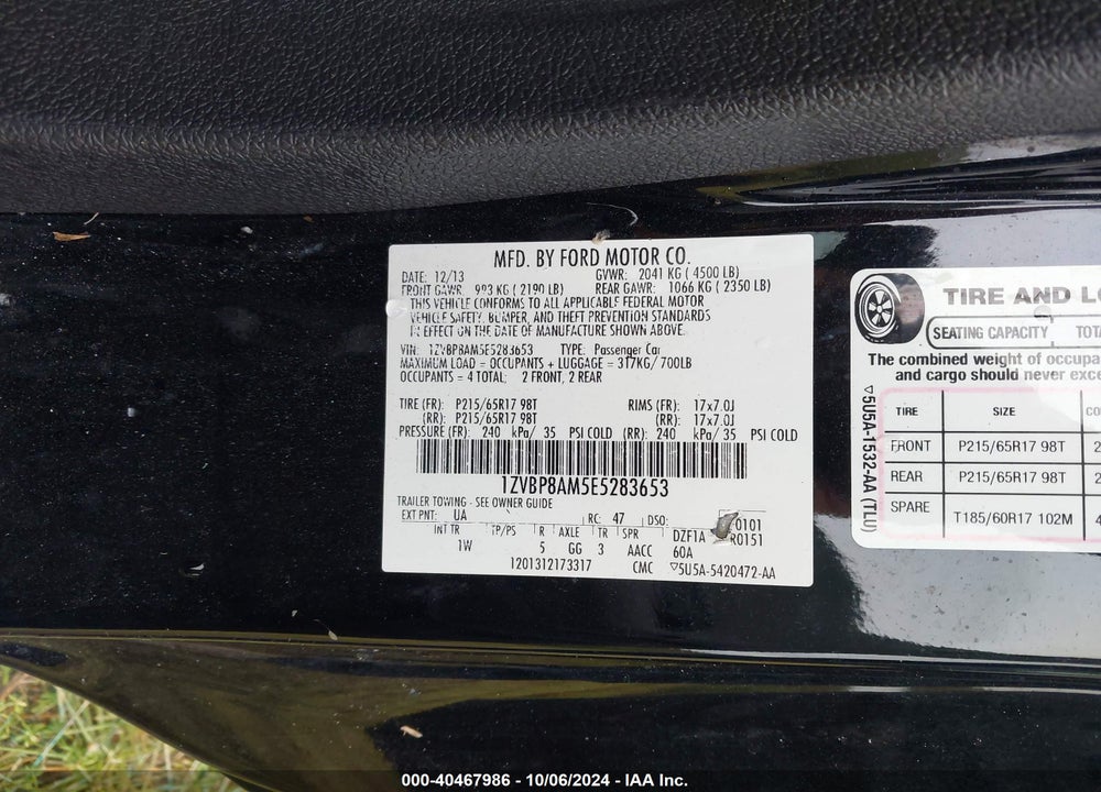 2014 FORD MUSTANG V6 VIN: 1ZVBP8AM5E5283653