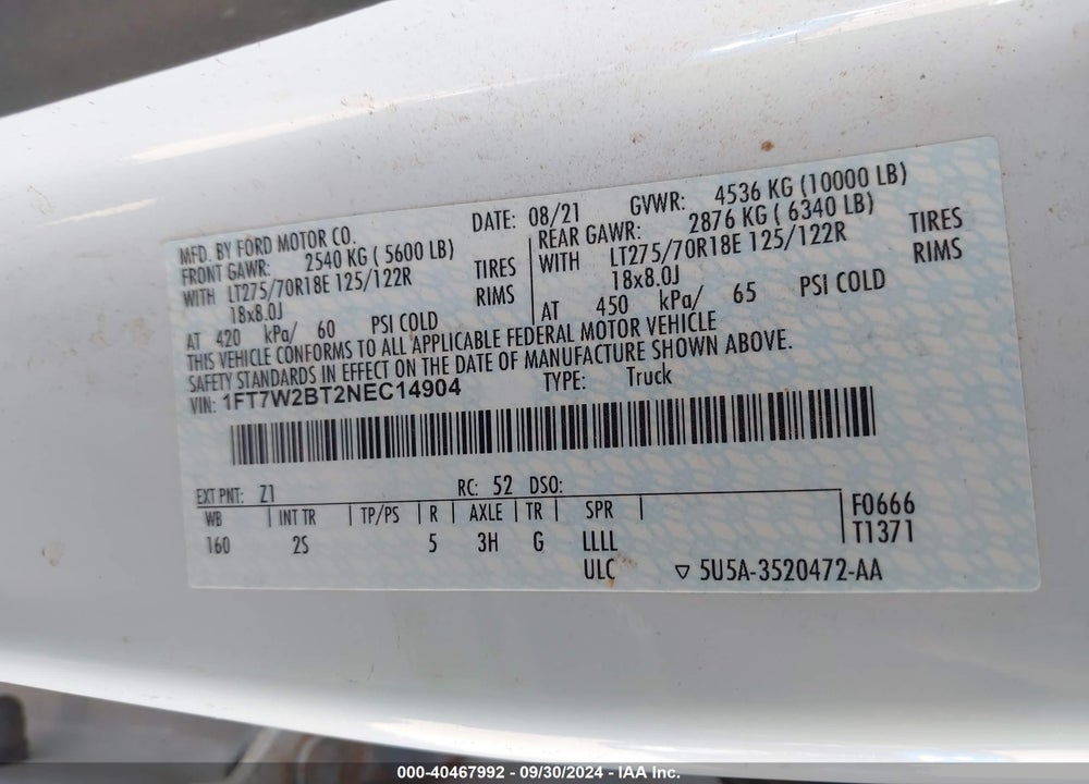 2022 FORD F-250 XLT VIN: 1FT7W2BT2NEC14904