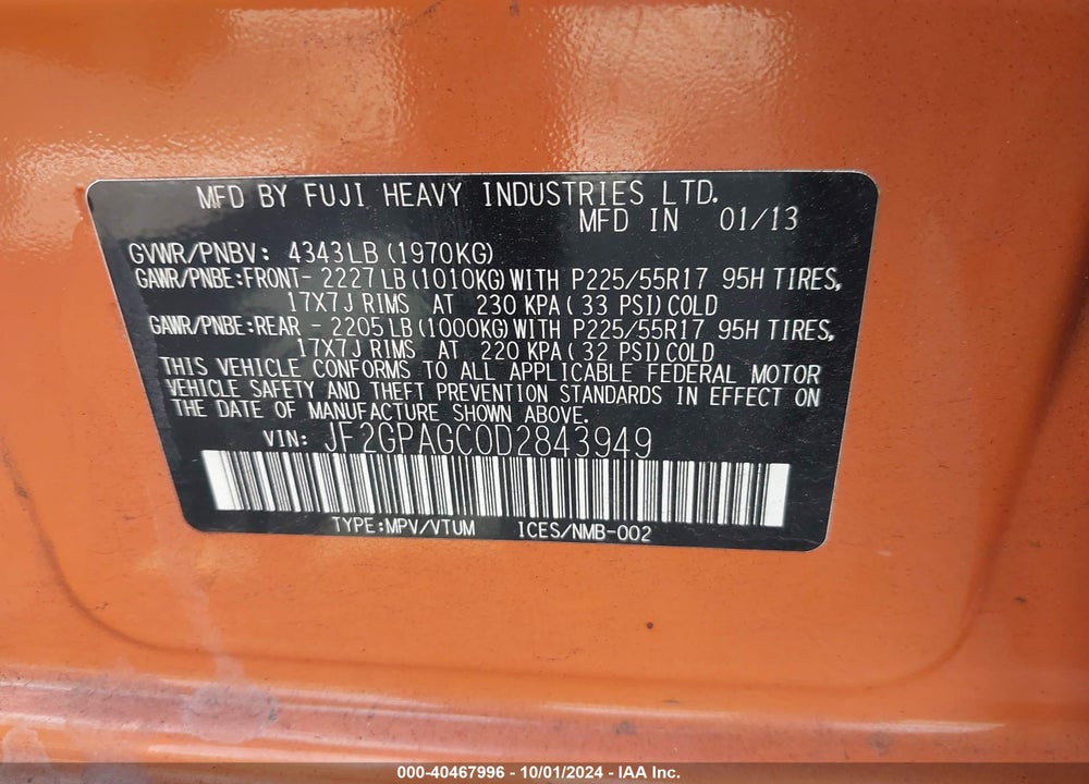 2013 SUBARU XV CROSSTREK 2.0I LIMITED VIN: JF2GPAGC0D2843949
