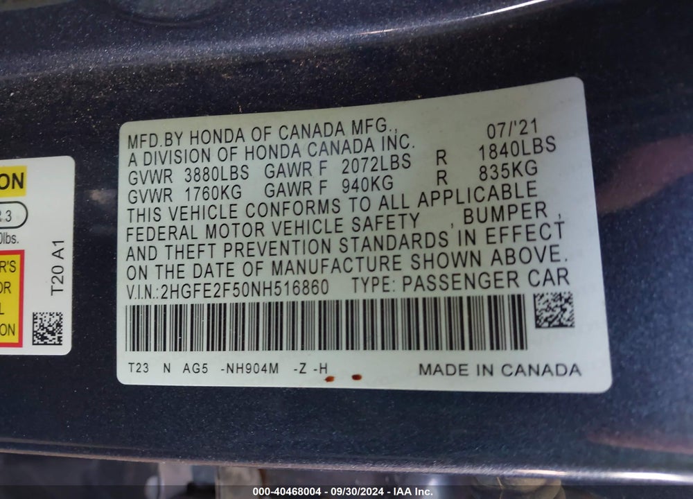 2022 HONDA CIVIC SPORT VIN: 2HGFE2F50NH516860