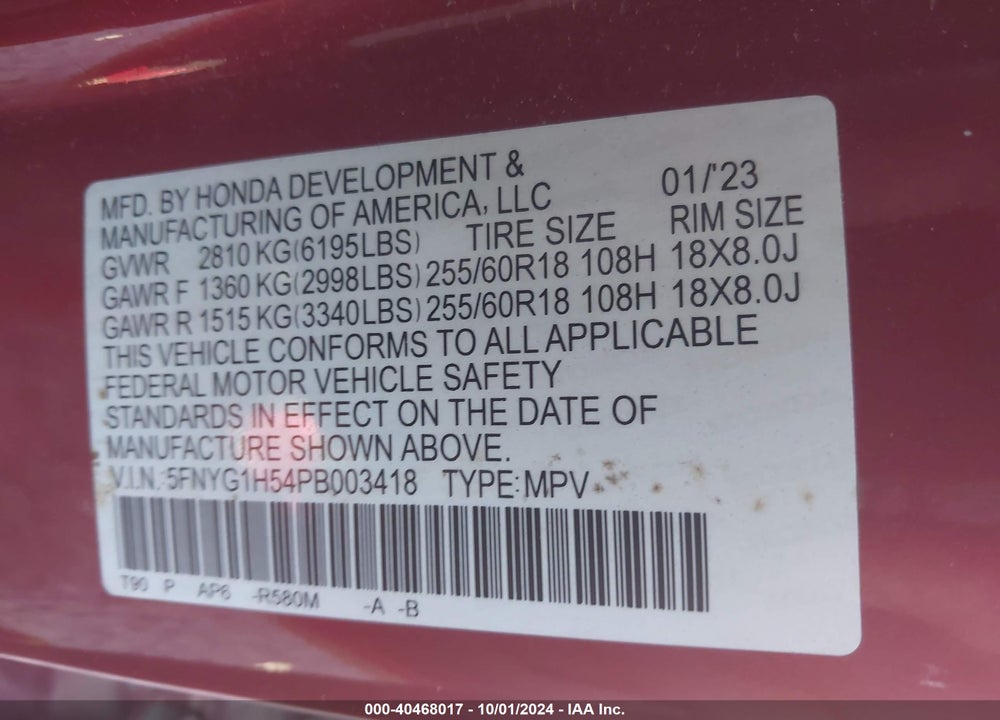 2023 HONDA PILOT AWD EX-L 7 PASSENGER VIN: 5FNYG1H54PB003418