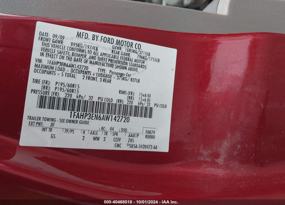 2010 FORD FOCUS S VIN: 1FAHP3EN6AW142720