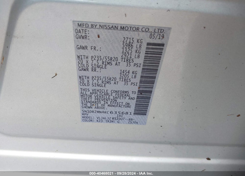 2019 NISSAN PATHFINDER PLATINUM VIN: 5N1DR2MN4KC635681
