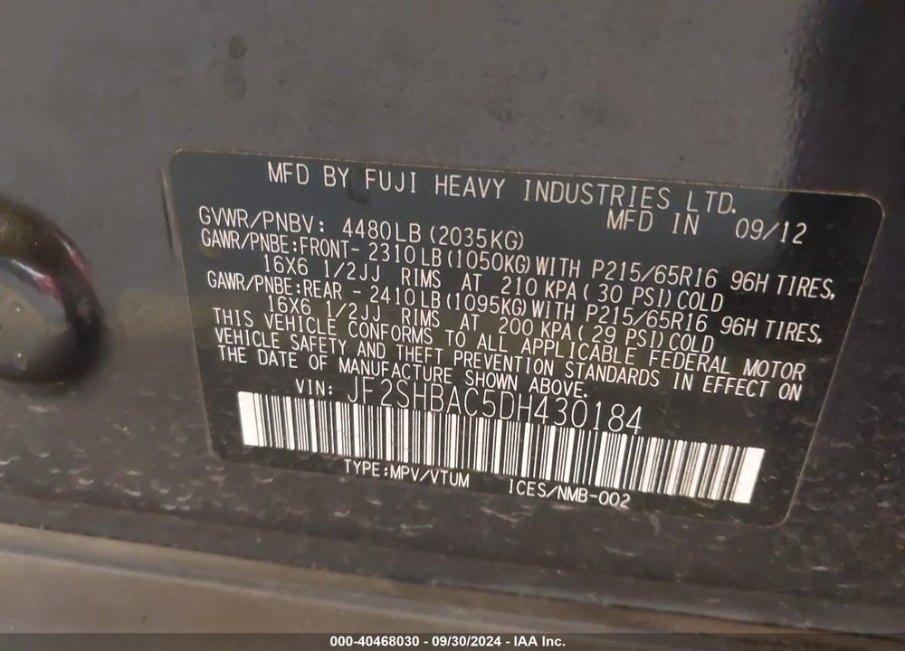 2013 SUBARU FORESTER 2.5X VIN: JF2SHBAC5DH430184