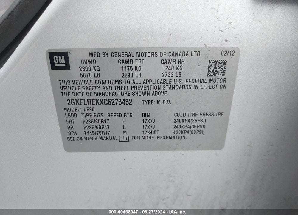 2012 GMC TERRAIN SLE-1 VIN: 2GKFLREKXC6273432