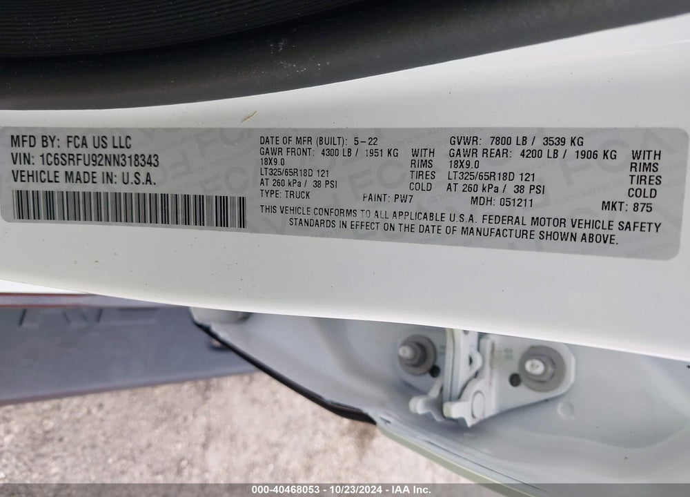 2022 RAM 1500 TRX VIN: 1C6SRFU92NN318343