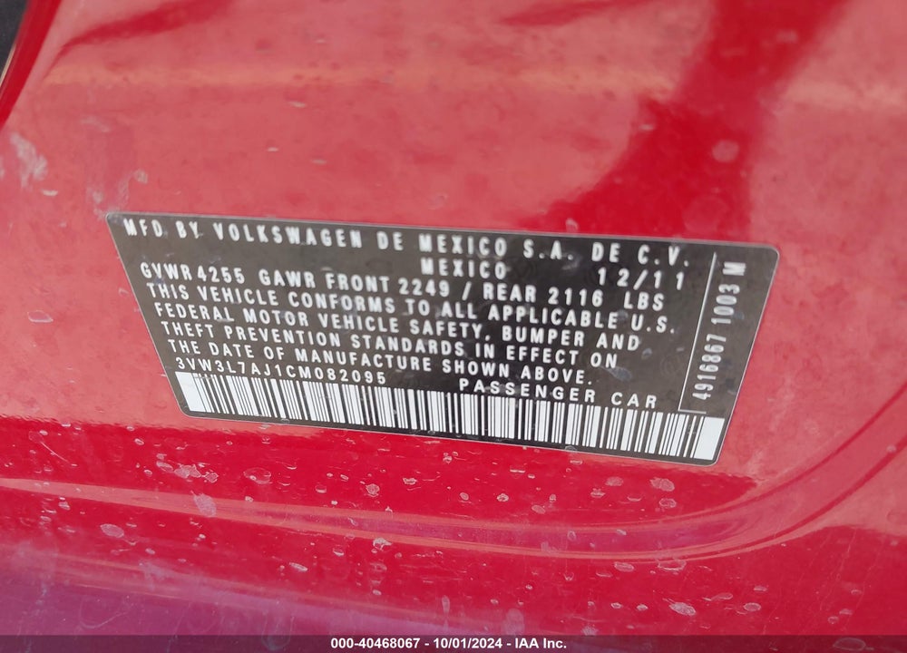 2012 VOLKSWAGEN JETTA 2.0L TDI VIN: 3VW3L7AJ1CM082095