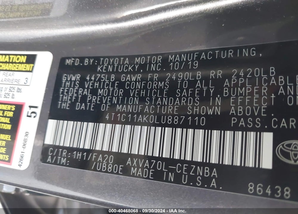 2020 TOYOTA CAMRY LE VIN: 4T1C11AK0LU887110