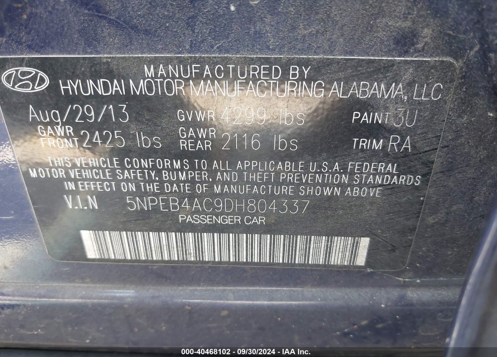 2013 HYUNDAI SONATA GLS VIN: 5NPEB4AC9DH804337