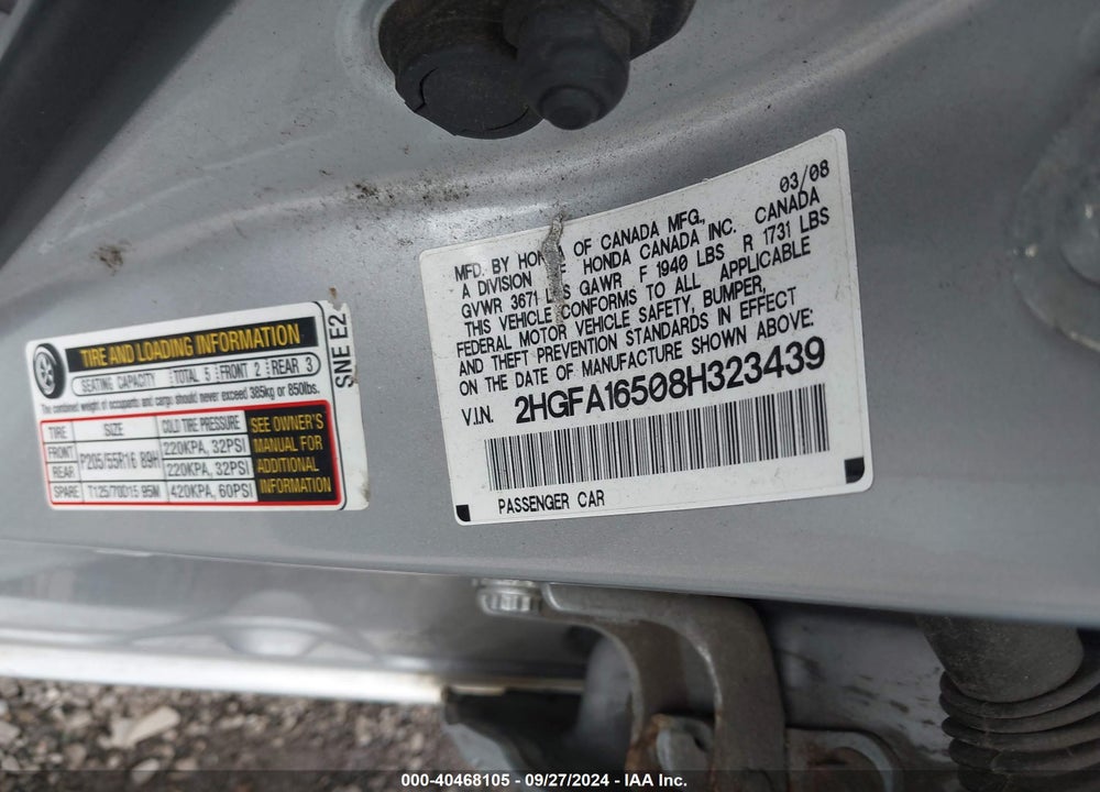 2008 HONDA CIVIC LX VIN: 2HGFA16508H323439