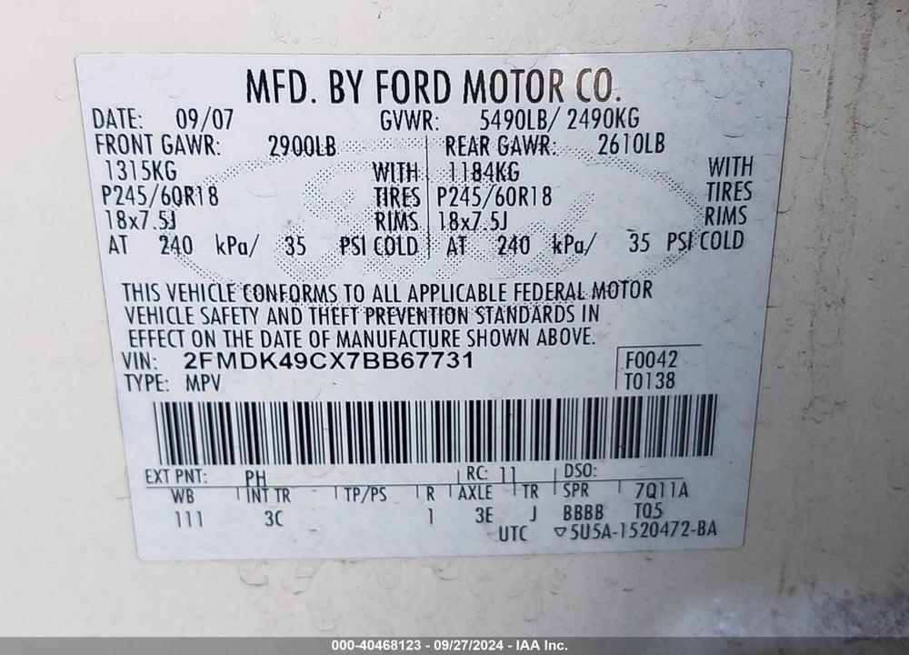2007 FORD EDGE SEL PLUS VIN: 2FMDK49CX7BB67731
