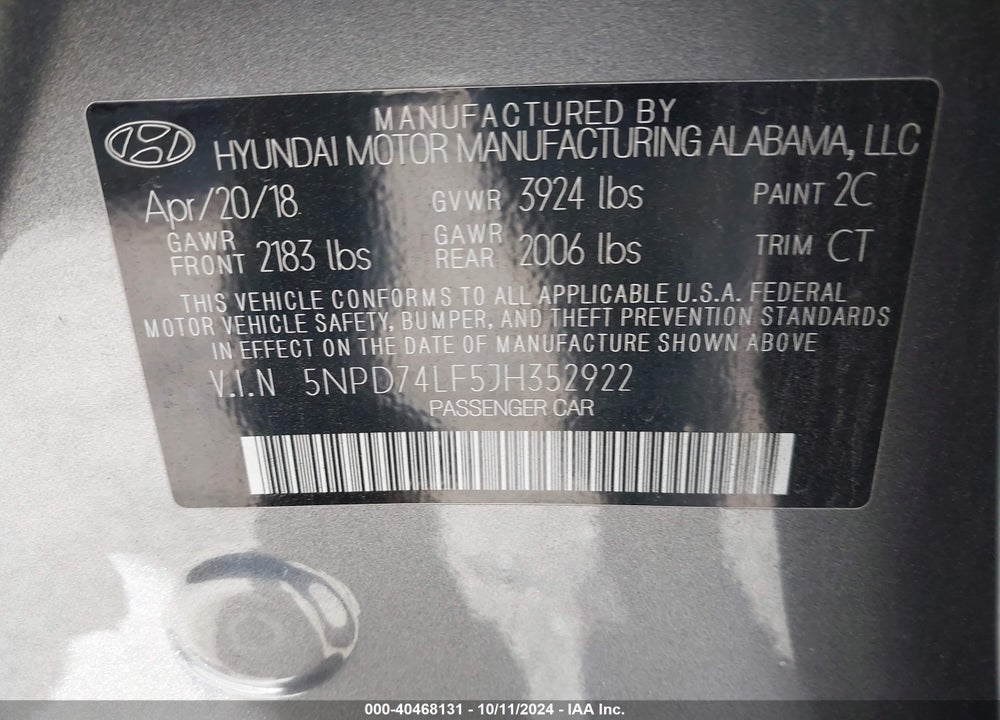 2018 HYUNDAI ELANTRA SE VIN: 5NPD74LF5JH352922