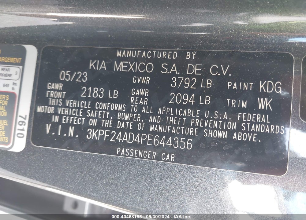2023 KIA FORTE LXS VIN: 3KPF24AD4PE644356