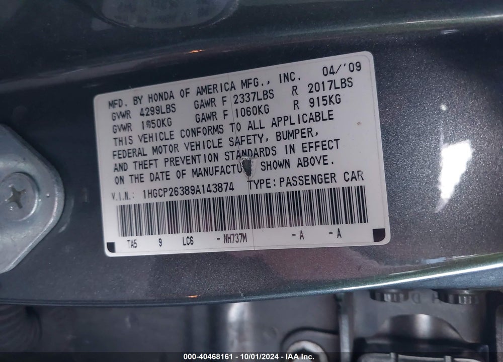 2009 HONDA ACCORD 2.4 LX VIN: 1HGCP26389A143874