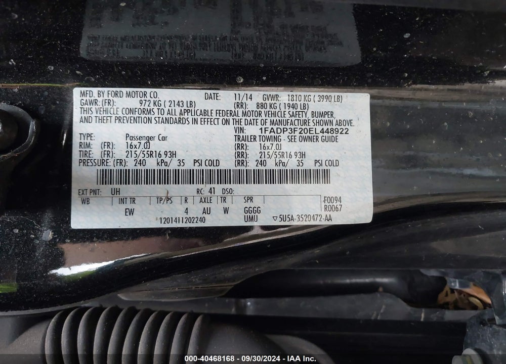 2014 FORD FOCUS VIN: 1FADP3F20EL448922