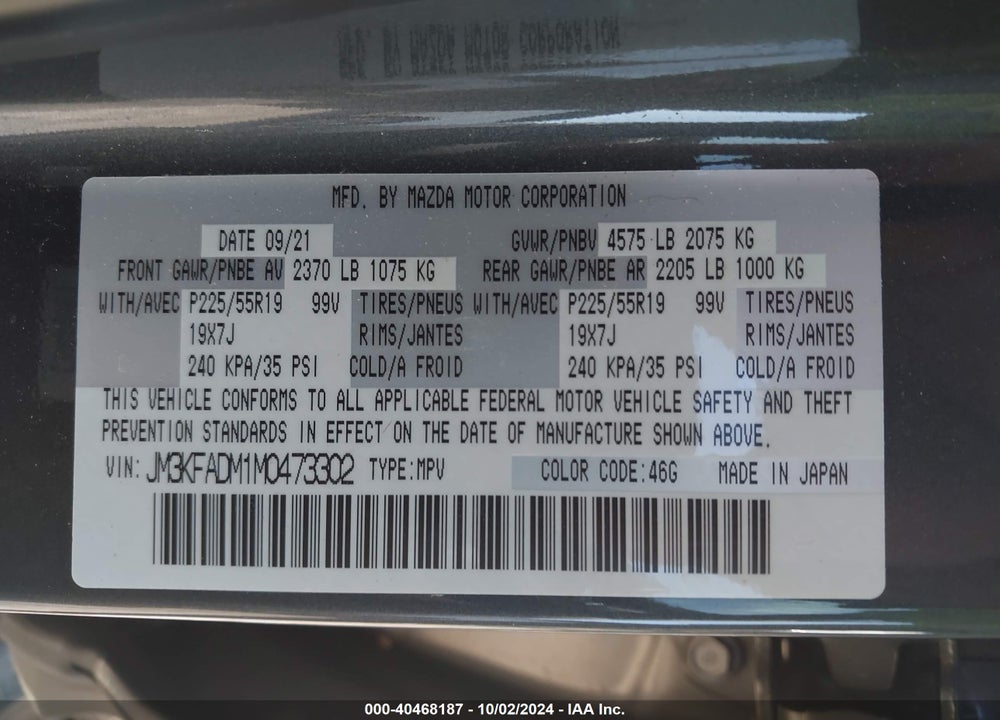 2021 MAZDA CX-5 GRAND TOURING VIN: JM3KFADM1M0473302