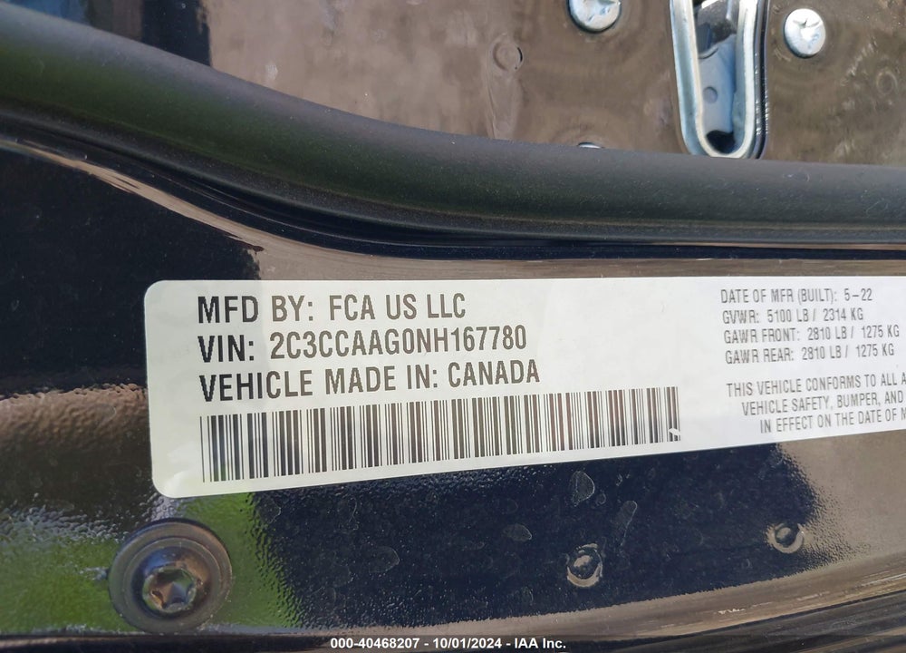 2022 CHRYSLER 300 TOURING VIN: 2C3CCAAG0NH167780
