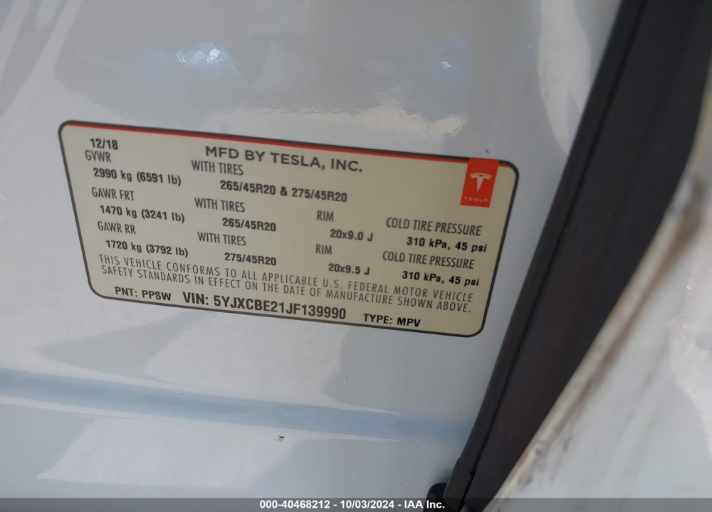 2018 TESLA MODEL X 100D/75D/P100D VIN: 5YJXCBE21JF139990