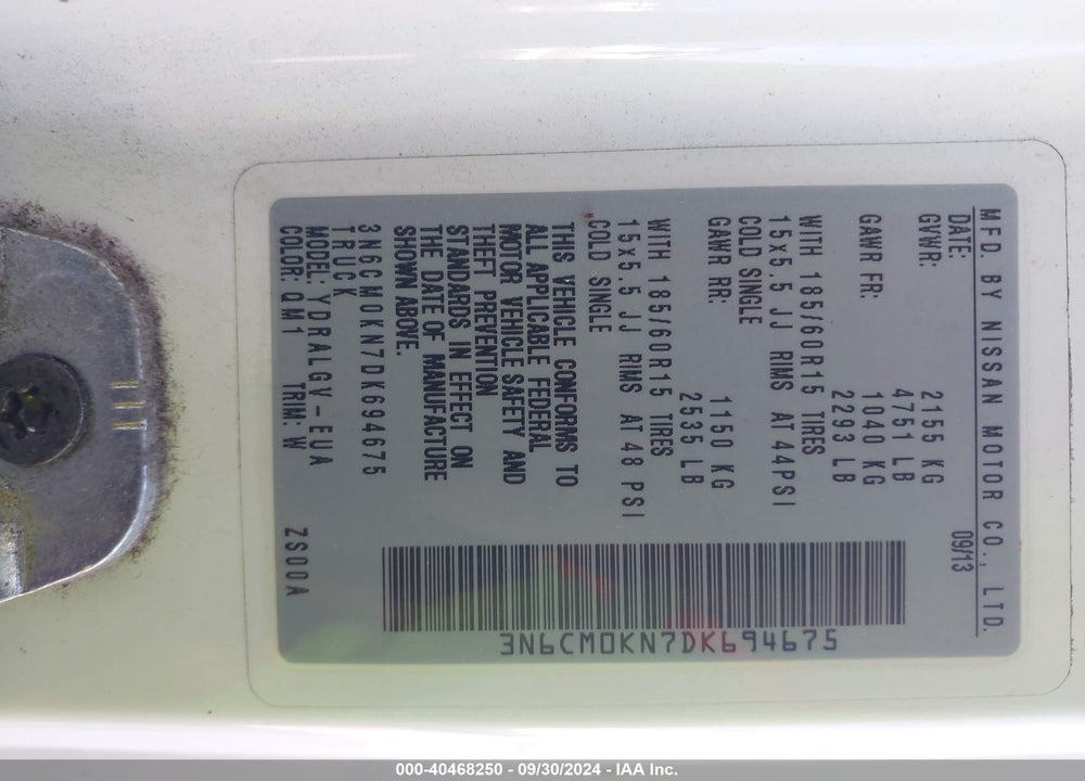 2013 NISSAN NV200 SV VIN: 3N6CM0KN7DK694675