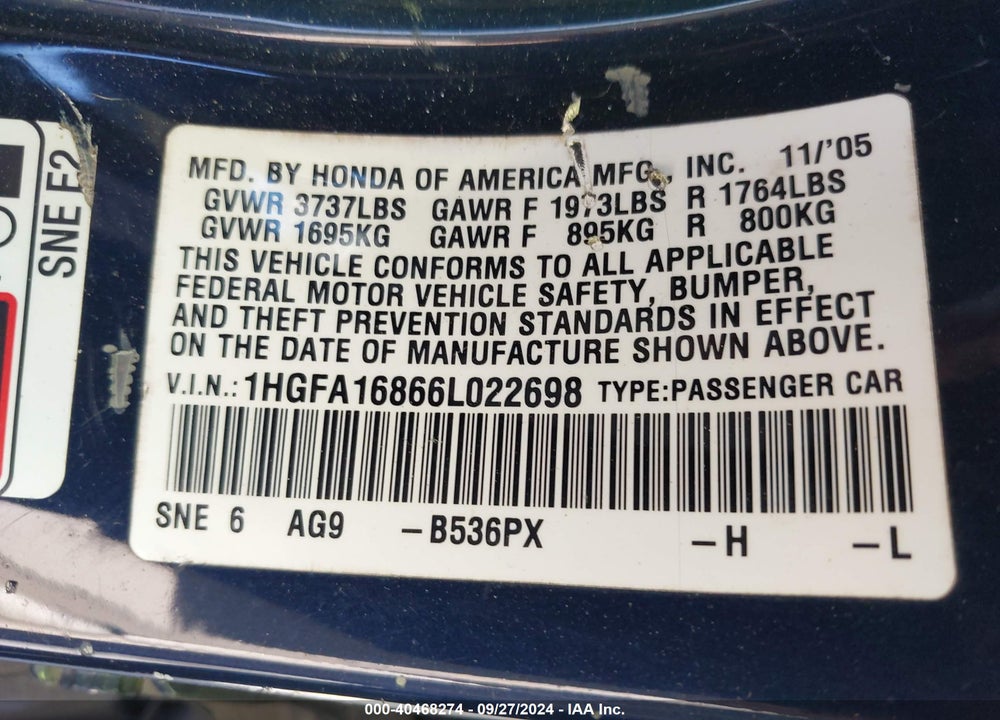 2006 HONDA CIVIC EX VIN: 1HGFA16866L022698