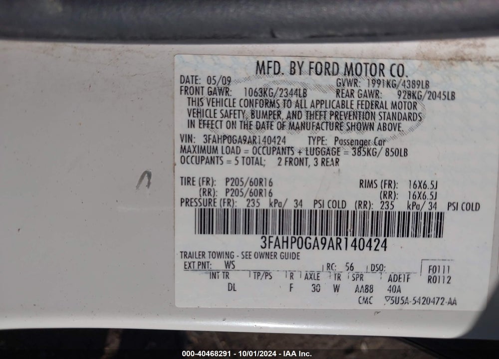 2010 FORD FUSION S VIN: 3FAHP0GA9AR140424