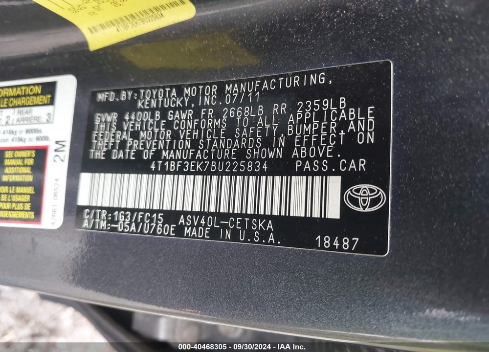 2011 TOYOTA CAMRY SE VIN: 4T1BF3EK7BU225834
